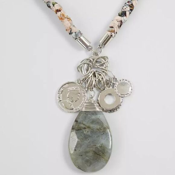 Pendant Necklace from Buckle in Silver Tone Dos Pesos Coin Dark Green Stone - Picture 1 of 4